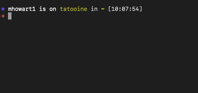 Terminal window that reads 'mhowart1 is on tatooine in ~', and then a blinking cursor.